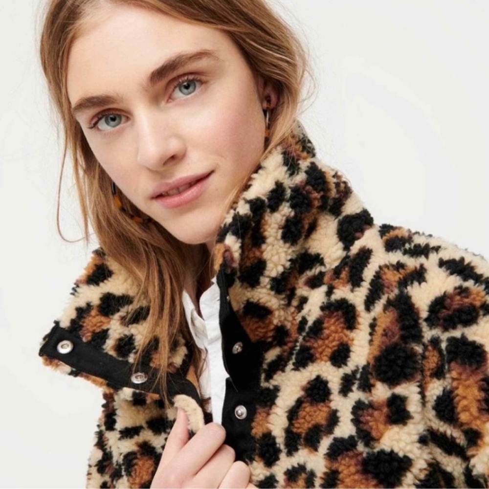 J. CREW Jacket Vintage Fleece cropped leopard faux fur Snaps Pockets pul… - Picture 5 of 13